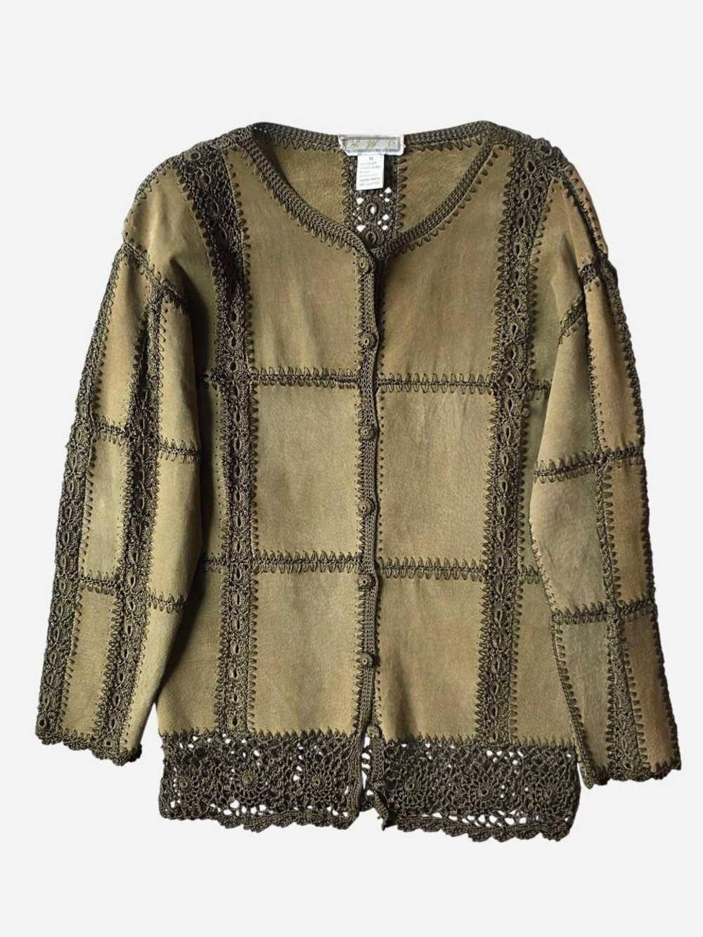 Vintage SMH Suede Leather Crochet Patchwork Cardigan Jacket Olive M